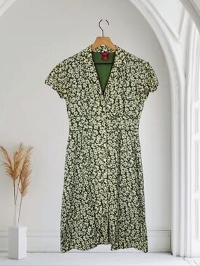 Vintage Sundance Green Floral Button Front Midi Dress Size 8